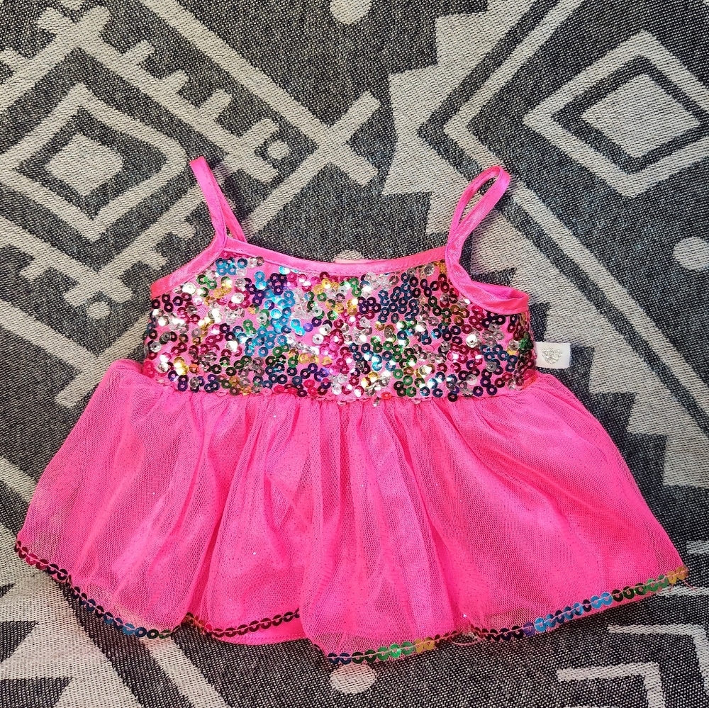 Build A Bear Build-A-Bear BABW Pink Dress Multi Color Sequins Bodice Tulle Skirt